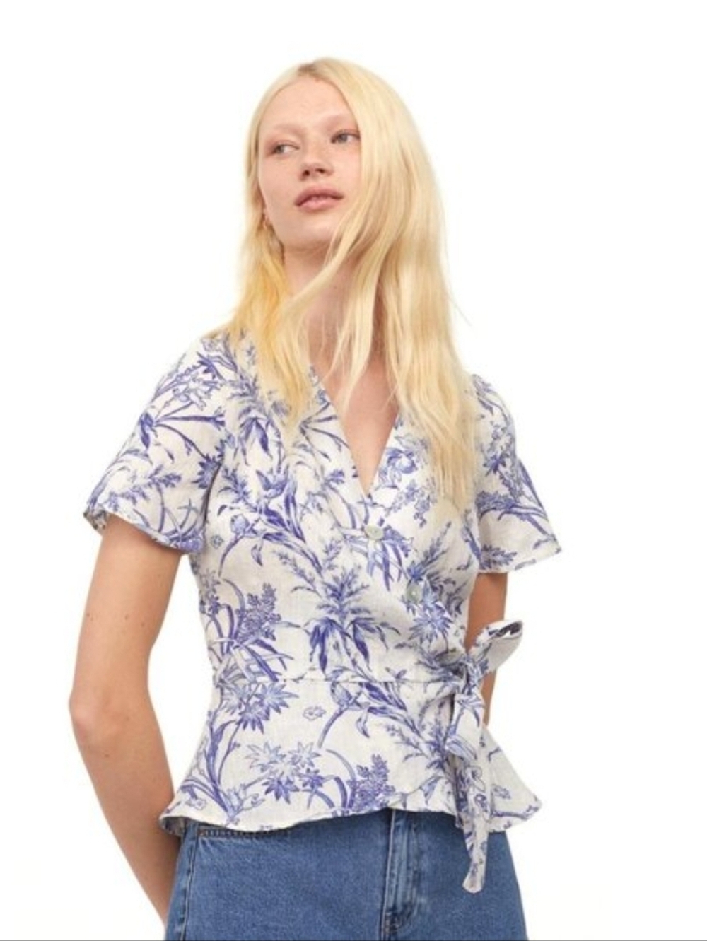 H&M Linen Floral Wrap Peplum Top in Blue and White